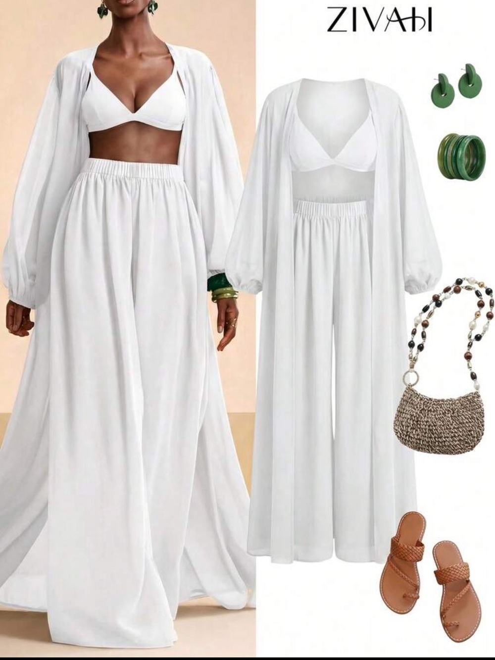 White Wide-Leg Chiffon Pants With Matching Light Weight Elegant Top Beach Wear